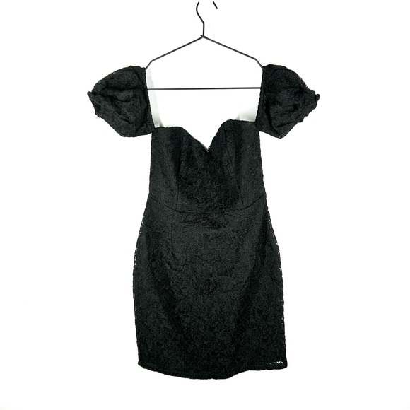 Lulus Hartley Black Embroidered Mini Dress Off Shoulder Puff Sleeves M - Picture 2 of 10